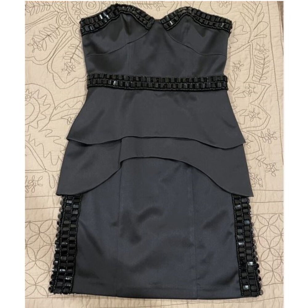 NEW NWT ISSUE New York  LBD mini Black Dress Satin peplum Crystals Size 10-12